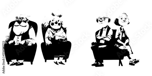 A modern illustration depicts a grandfather and grandmother sitting comfortably in a chair
