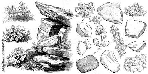 Assortment of black and white drawings depicting flora and geological formations suitable for nature-based design applications