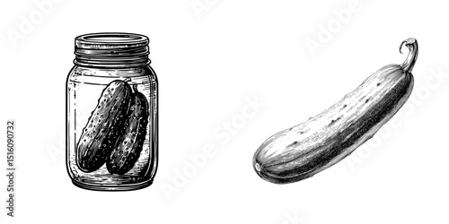 Modern illustration of a cucumber pickle in black and white, presented as a linear line art drawing with an isolated engraving style, suitable for vegan and vegetable-themed artwork