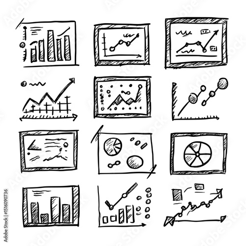 Different black and white illustrations of graphs and charts are utilized for data analysis presentations and reports
