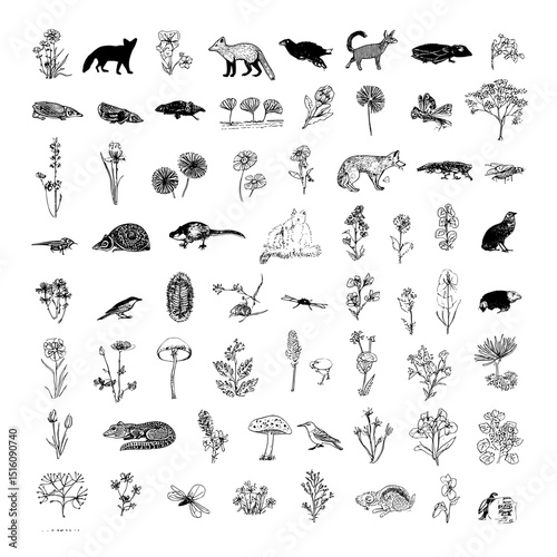 Whimsical nature-themed artwork, rendered in black and white, showcasing a diverse array of animals and plants in a lively and fantastical style