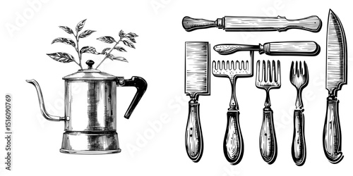 Classic kitchen illustration is depicted in black and white outline, utilizing a scratch board imitation in vintage line art style on a white background