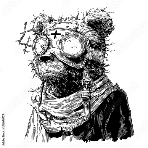 A scratch board imitation engraving shows a bear dressed in a military costume, presented in a simple yet striking black and white outline
