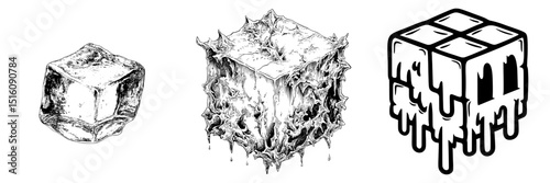 An ice cube in the process of melting depicted in a detailed vintage black and white line art outline drawing style