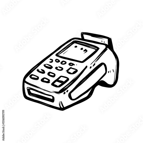 The payment terminal is illustrated in a minimalist black-and-white line art style with a clean and modern aesthetic