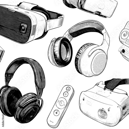 Modern technology is highlighted by the display of innovative virtual reality headsets in a creative monochrome sketch