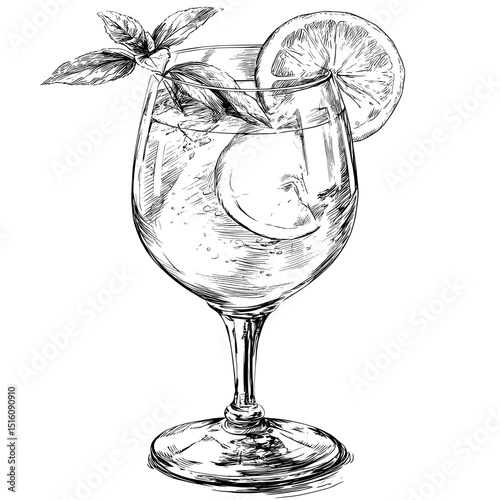 A detailed and modern illustration of a cocktail that is refreshing, featuring lemon and mint