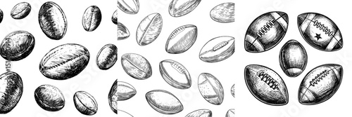 An image of rugby balls rendered in various hand-drawn styles and arranged in different positions