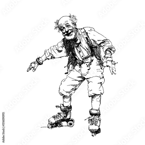 A black and white outline sketch featuring a grandfather on roller skates is presented in an engraving style, made possible by a scratch board imitation