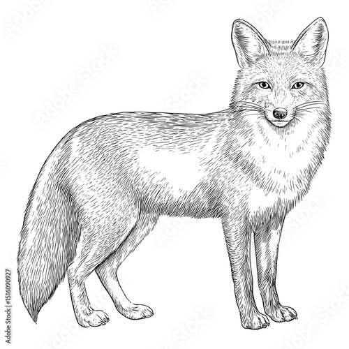 Modern illustration of a fox, rendered in black and white, with a style reminiscent of sketch engraving and scratch board techniques