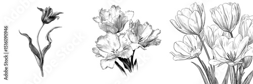 Tulip varieties are showcased in 'Botanical Art', an intricate black and white scratchboard illustration that mimics sketch engraving, set against a scratch board imitation backdrop