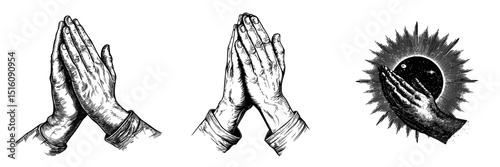 A hand pray gesture is depicted in a black and white outline line art drawing with a shining sunburst effect