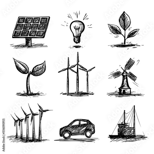 Eco-friendly and renewable energy are represented by icons such as a solar panel, a wind turbine, a light bulb, a plant leaf, an electric car, and an offshore wind farm in a modern sketch style