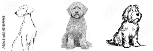 A minimalist modern illustration of a Goldendoodle breed dog is depicted in a continuous one-line drawing on a white background, showcasing a simple line modern graphic style, and a hand-drawn