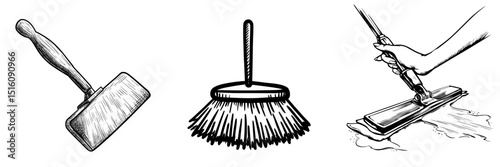 A hand-drawn squeegee tool featuring a textured handle is displayed with precise strokes, exemplifying a simple yet effective design concept for cleaning services and window maintenance