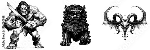 A sketch engraving illustration of a Chimera in battle stance set against a white background, rendered in a scratch board style with a black and white color scheme