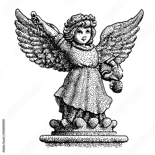 A dotwork sketch in black ink of an angel statue engraving is depicted in modern illustration