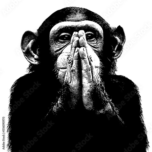 Monkey meditation is depicted in a scratch board imitation, shown as a black and white outline engraving
