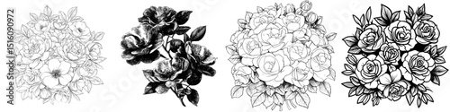 Roses Bouquet Floral Blossom with Black and White Outline Line Art Drawing Illustration’ is reworded as ‘Floral Blossom with Black and White Outline Line Art Drawing Illustration of Roses Bouquet