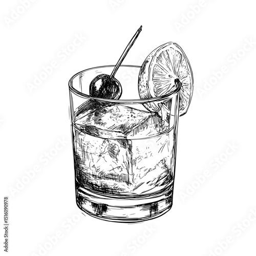 Modern Black and White Illustration of a Negroni Cocktail Mocktail in Linear Line Art Style, Isolated Engraving Sketch Drawing
