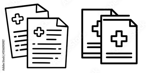 Modern illustration of line icons representing healthcare documents and forms utilized in medical settings for storing patient records and information