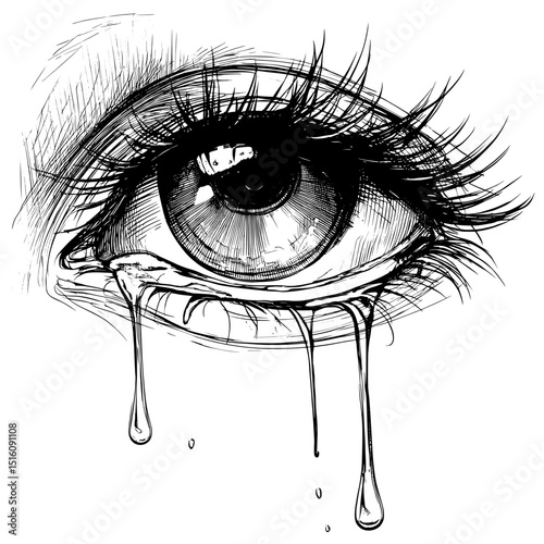 Black and white sketch features a detailed illustration of a human eye