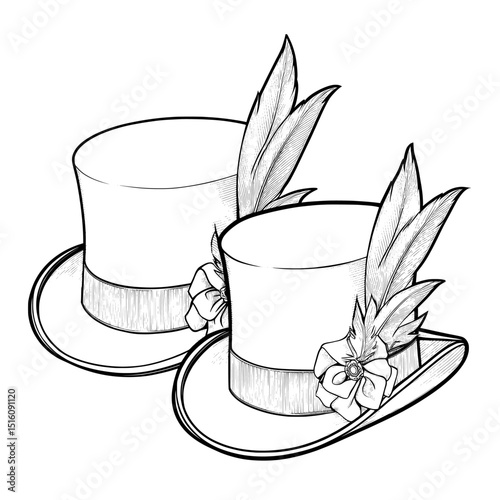 Vintage top hats with feathers are the subject of this classic monochrome modern illustration of elegant headwear