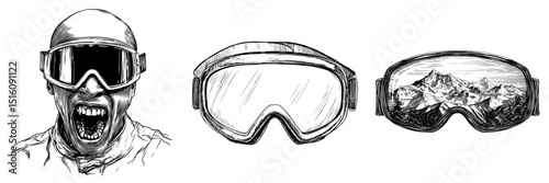 Ski goggles are depicted in a sketch engraving with a black and white outline, imitating a scratch board in a vintage line art style on a white background