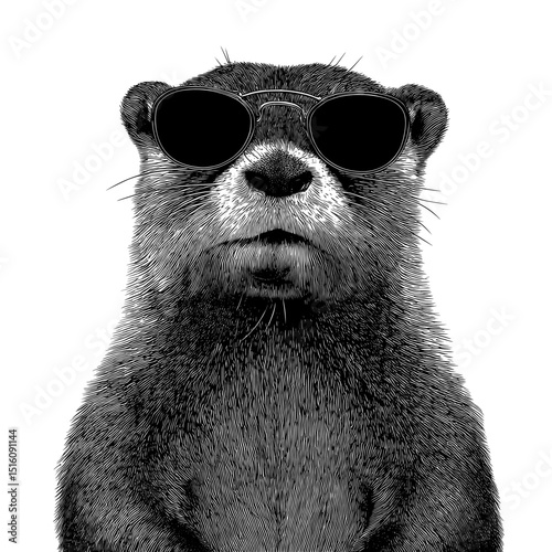 The image of a beaver in sunglasses is presented as a black and white outline sketch engraving, mimicking a scratch board, in vintage line art style set against a white background