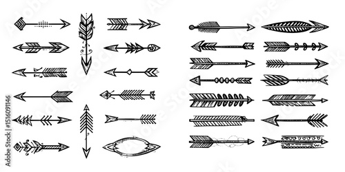 Flat linear icons of arrowheads are featured in a set with feathers and spearheads