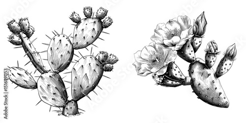 A cactus plant is depicted in a monochrome sketch with detailed spiky features