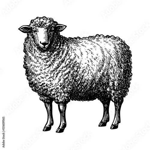 A sheep is illustrated in black and white outline on a white background, in a vintage line art style that imitates scratch board engraving