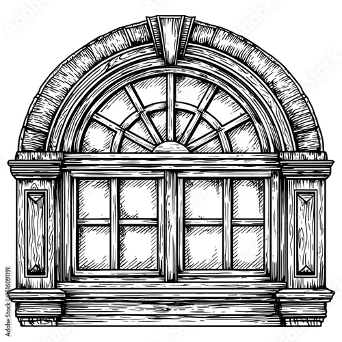 Monochrome illustration of a hand drawn arched window with detailed classic woodwork in an architectural sketch