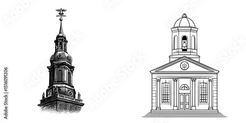 Minimalist mosaic artwork depicting the outline of a church tower complete with a bell and clock