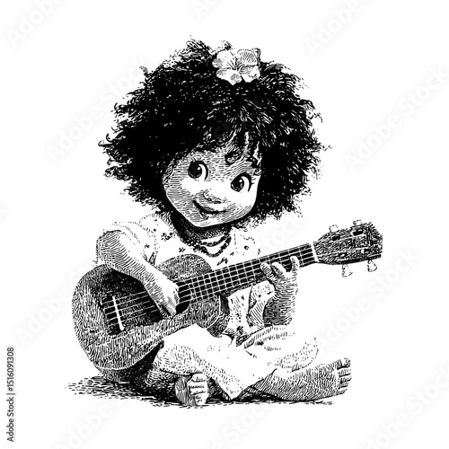 A black and white outline sketch of a hula dancer playing the ukulele is rendered in an engraving style, achieved through a scratch board imitation method