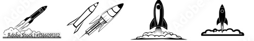 Modern illustration of a rocket spaceship taking off in a continuous single line drawing, with a rocket launch line art and a one line icon of a rocket, also featuring an isolated spaceship