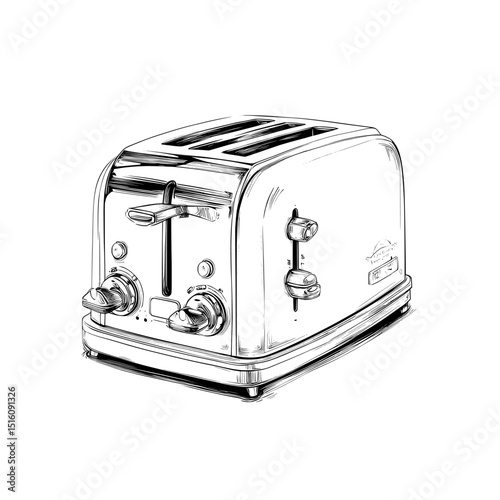 Black and white outline sketch of a toaster machine, created to look like an engraving on a scratch board