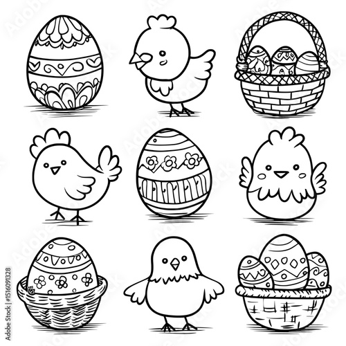 A beautifully designed set of modern icons for Easter, featuring a simple hand-drawn black line aesthetic on a white background