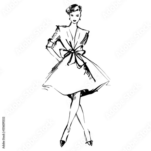 A woman wearing a dress is depicted in an engraving-style sketch that is black and white, utilizing 2 colors in EPS 10 format