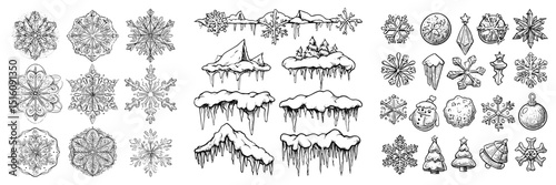 Isolated modern cartoon Christmas decorations showcase winter elements like snow, ice, snowflakes, and icicles, as well as snowballs, frost, and snowy frames
