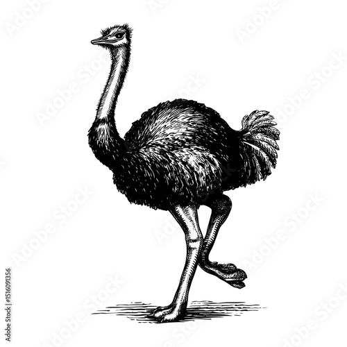 Black and white outline of an ostrich sketch achieved through scratch board imitation techniques