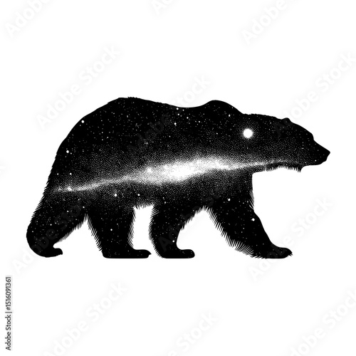 A space galaxy scene featuring a bear's silhouette is rendered in black and white as a sketch with an engraving outline, in a scratch board imitation, vintage line art style on white