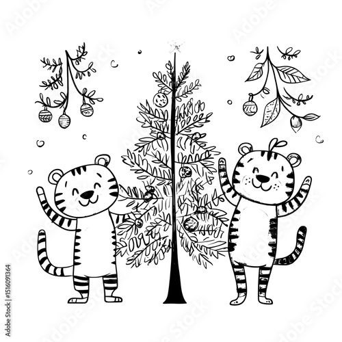 Ink sketch line art drawing of a tiger, a modern hand-drawn Christmas illustration on a lively xmas background