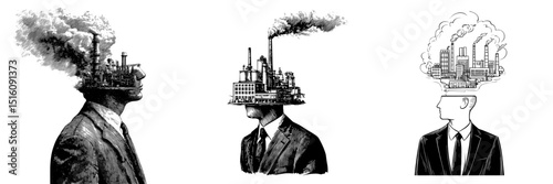 The image of a suited man with a factory emerging from his head embodies the concepts of industry, innovation, and thought, created using modern generative AI in a black and white scratch board style