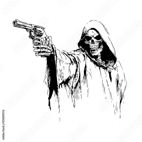 A sketch of the grim reaper holding a gun is rendered in black and white outline as a scratch board imitation in vintage line art style on a white background