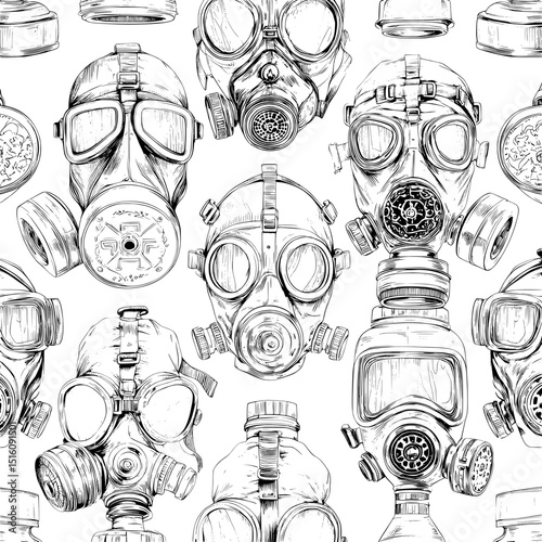 An artistically arranged collection of modern gas masks and protective equipment is the subject of a detailed hand-drawn illustration, highlighting their design elements
