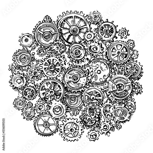 Intricate gears and mechanical components are arranged artistically on a white background in this hand-drawn modern illustration