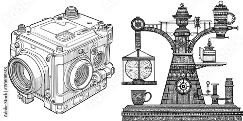 Monochrome hand-drawn illustration featuring a modern mechanical device with detailed intricate components and varied textures