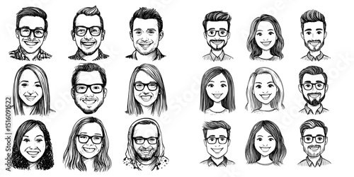 Black Ink sketch human faces, including man and woman portraits with glasses and modern hairstyles, depicting hipster young person avatars and characters in hand drawn monochrome engraving style, as