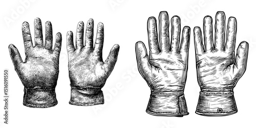 Modern illustration featuring old, weathered gloves and hands, rendered by hand with intricate details highlighting their worn appearance